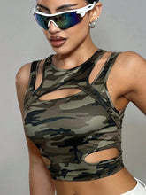 Structural Camouflage Print Cropped Double Shoulder Straps Hollow Out Top